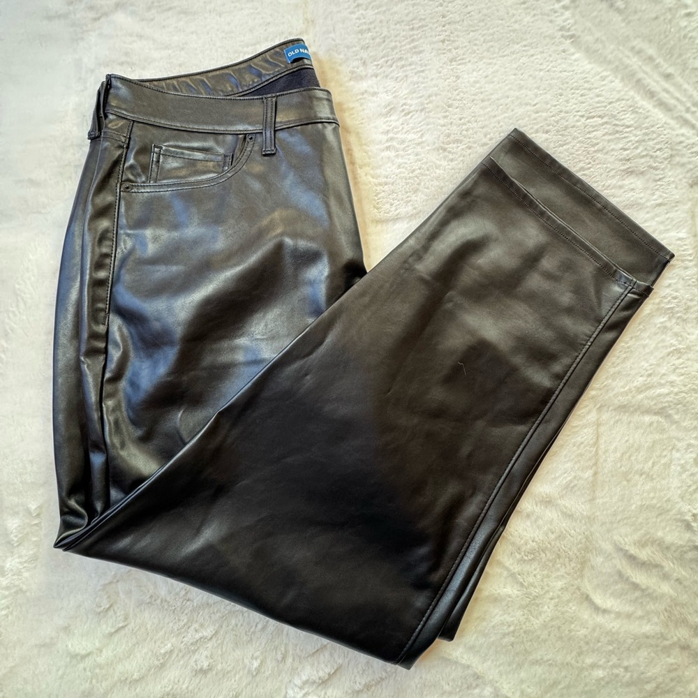Old Navy Faux Leather Pants Womens 18P High Rise OG Loose Black Wide Leg 38x28